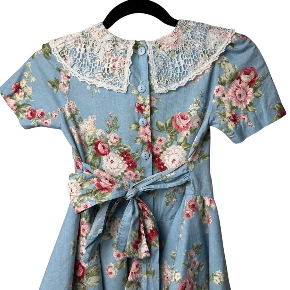 Swat VTG Little Girls Dress SZ 6 Floral Lace Ruffle Cottagecore Prairie Tie Belt - Picture 6 of 7